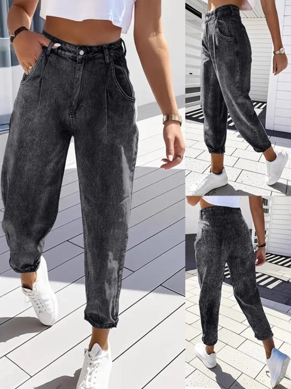 Women's Black Cropped Tapered Jeans XL – European Style Denim Pants